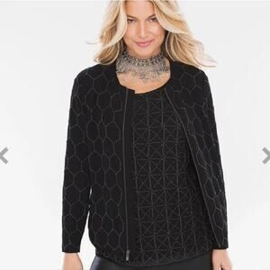 CHICOS Beaded Bomber Jacket Black Zipper Hexagon Rhinestones Size 1 Women's 8